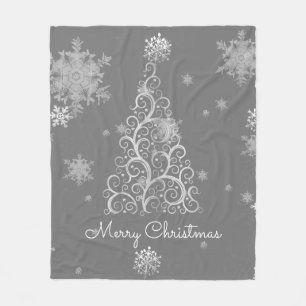 Silver Christmas Tree and Snowflakes  Fleece Blanket