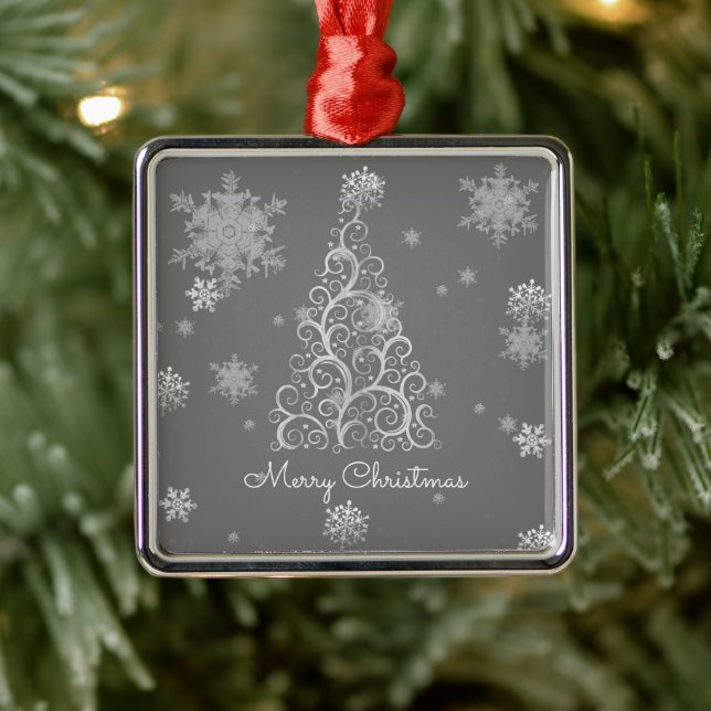 Silver Christmas Tree and Snowflakes Ornament (Tree)