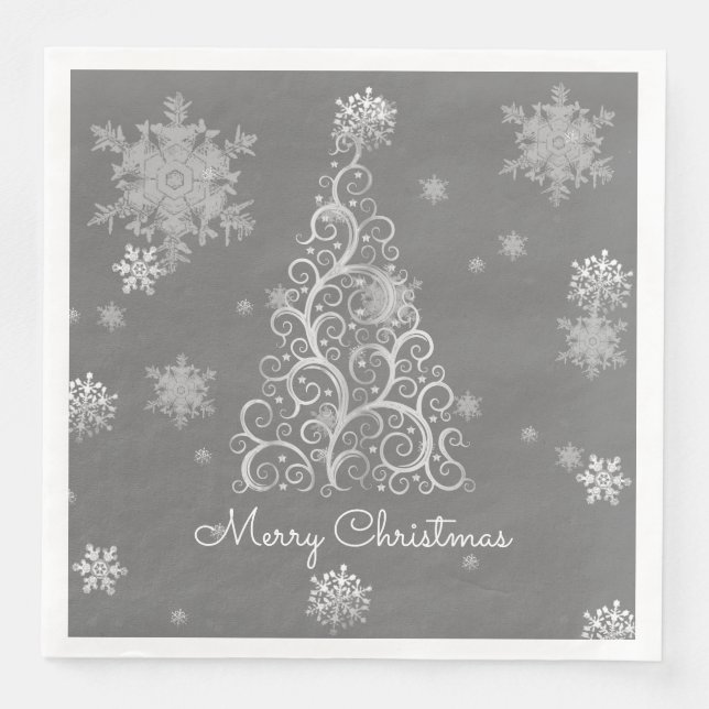 Silver Christmas Tree and Snowflakes Paper Napkin (Front)