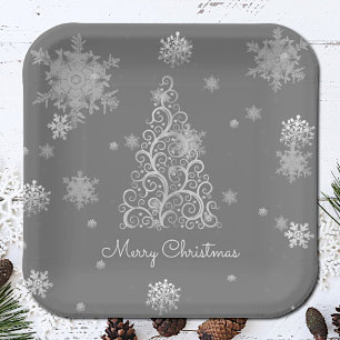 Silver Christmas Tree and Snowflakes Paper Plate