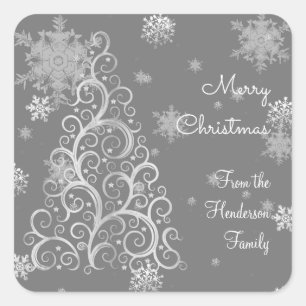 Silver Christmas Tree and Snowflakes Sticker