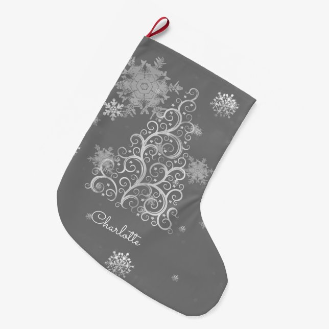 Silver Christmas Tree and Snowflakes Stocking (Front (Hanging))