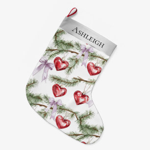 Silver Christmas Tree Branches Purple Bows Hearts Large Christmas Stocking