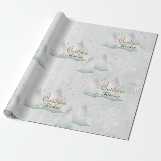 Silver Christmas Wishes Evergreen Tree Snowflake  Wrapping Paper (Unrolled)