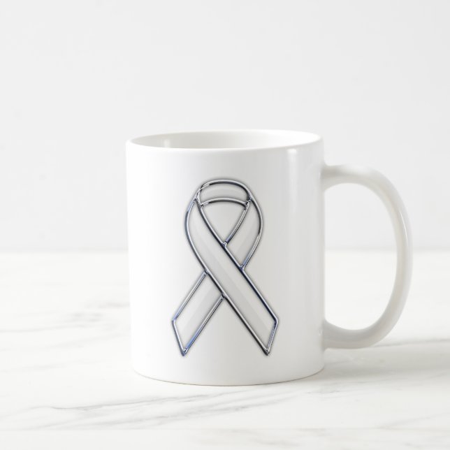 Silver Chrome Belted White Ribbon Awareness Coffee Mug (Right)
