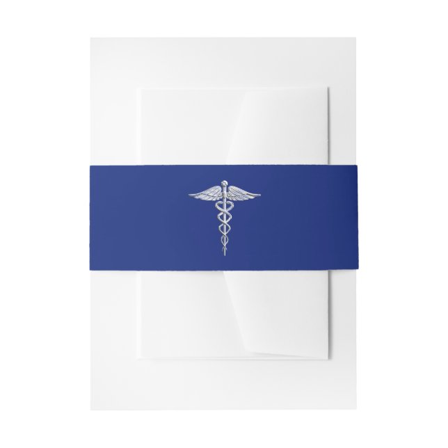 Silver Chrome Caduceus Medical Symbol on Navy Blue Invitation Belly Band (Front Example)