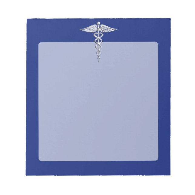 Silver Chrome Caduceus Medical Symbol on Navy Blue Notepad (Front)