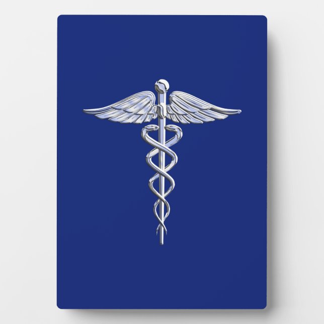 Silver Chrome Caduceus Medical Symbol on Navy Blue Plaque (Front)