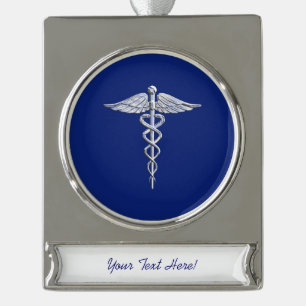 Silver Chrome Caduceus Medical Symbol on Navy Blue Plated Banner Ornament
