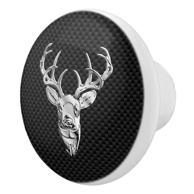 Silver Chrome Deer on Carbon Fibre Style Print Ceramic Knob (Right)