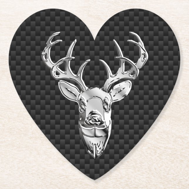 Silver Chrome Deer on Carbon Fibre Style Print Paper Coaster (Front)
