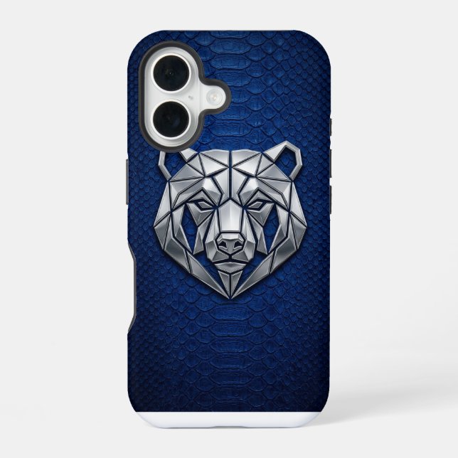 Silver Chrome Geometric Bear Blue Python iPhone 16 Case (Back)