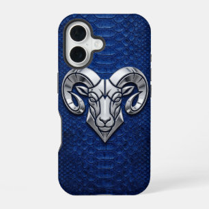Silver Chrome Geometric Ram Blue Python iPhone 16 Case