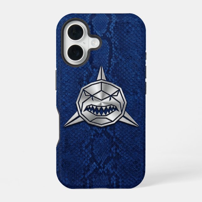 Silver Chrome Geometric Shark Blue Python iPhone 16 Case (Back)