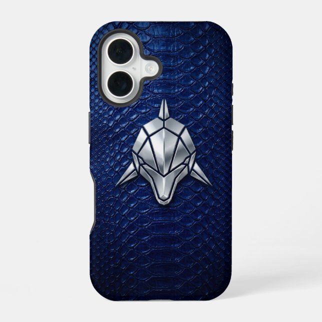 Silver Chrome Geometric Shark Blue Python iPhone 16 Case (Back)