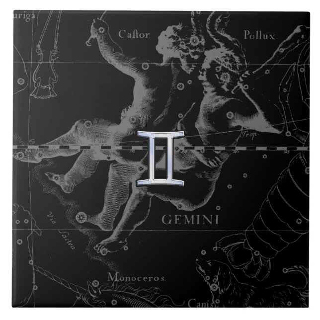 Silver Chrome like Gemini Zodiac Sign on Hevelius Ceramic Tile (Front)