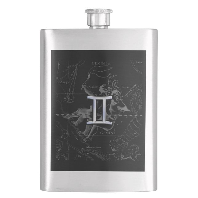 Silver Chrome like Gemini Zodiac Sign on Hevelius Hip Flask (Front)