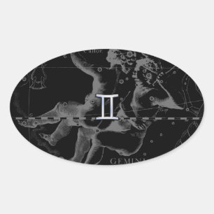 Silver Chrome like Gemini Zodiac Sign on Hevelius Oval Sticker