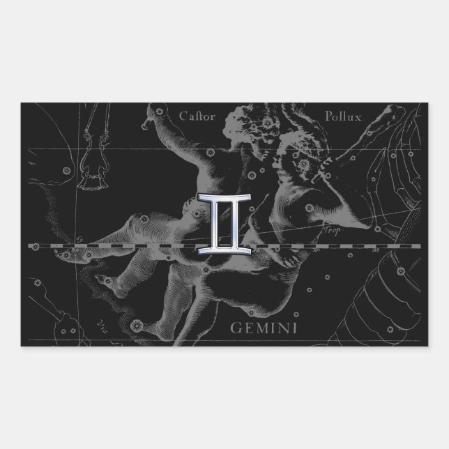 Silver Chrome like Gemini Zodiac Sign on Hevelius Rectangular Sticker (Front)