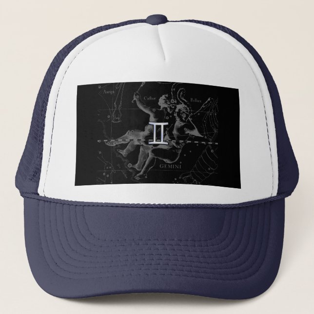 Silver Chrome like Gemini Zodiac Sign on Hevelius Trucker Hat (Front)