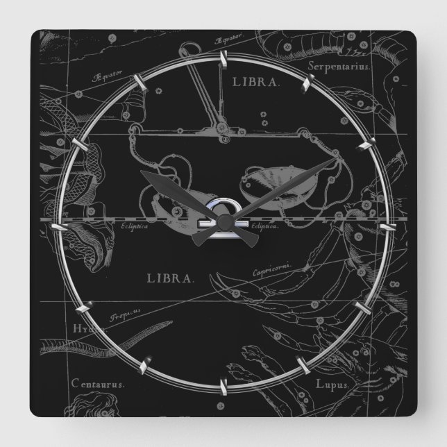 Silver Chrome like Libra Zodiac Sign on Hevelius Square Wall Clock (Front)