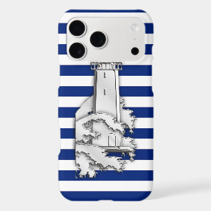 Silver Chrome Like Lighthouse on Navy Stripes