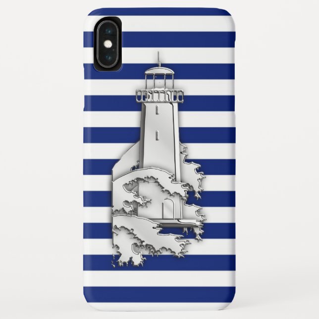 Silver Chrome Like Lighthouse on Navy Stripes Case-Mate iPhone Case (Back)