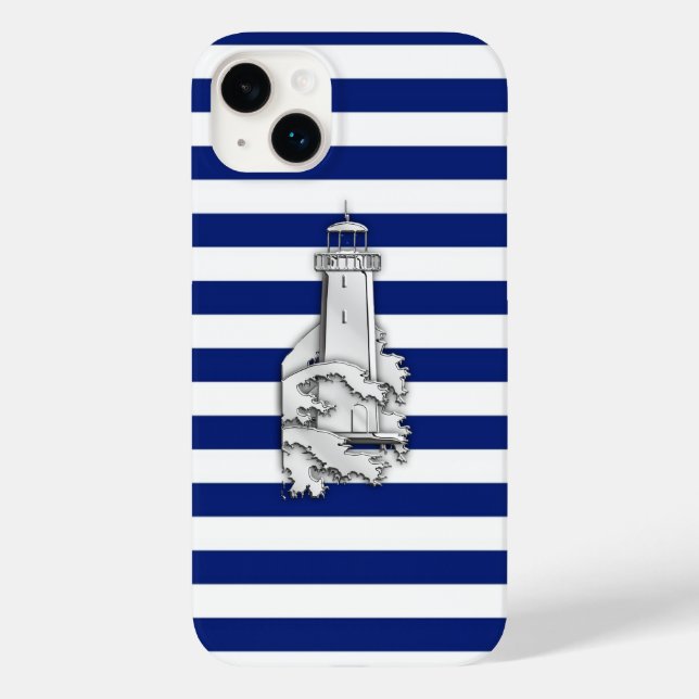 Silver Chrome Like Lighthouse on Navy Stripes Case-Mate iPhone Case (Back)