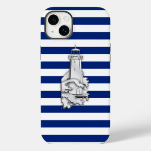 Silver Chrome Like Lighthouse on Navy Stripes iPhone Case