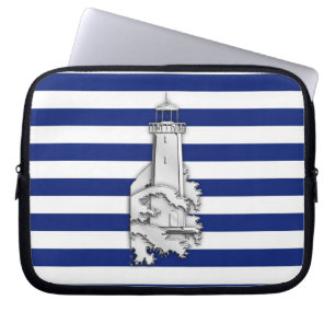 Silver Chrome Like Lighthouse on Navy Stripes Laptop Sleeve