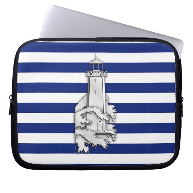 Silver Chrome Like Lighthouse on Navy Stripes Laptop Sleeve (Front)
