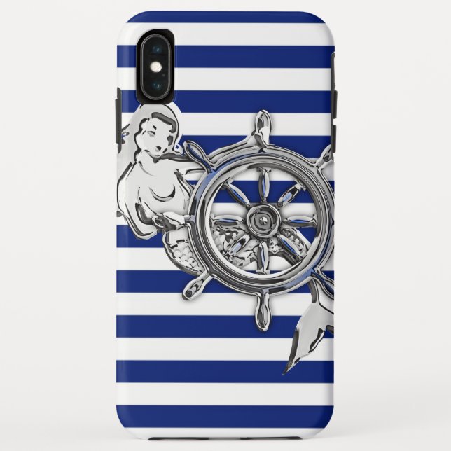 Silver Chrome Like Mermaid on Nautical Stripes Case-Mate iPhone Case (Back)