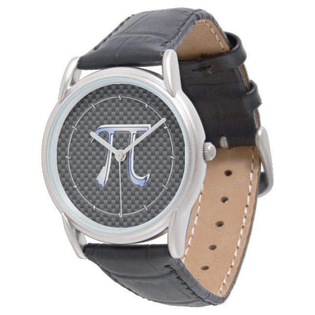 Silver Chrome Like Pi Symbol on Carbon Fibre Print Watch (Angled)