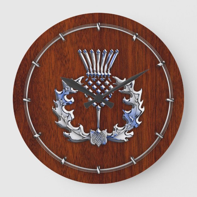 Silver Chrome on Mahogany Wood Scottish Thistle Large Clock (Front)