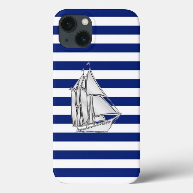 Silver Chrome Style Sailboat on Nautical Stripes Case-Mate iPhone Case (Back)