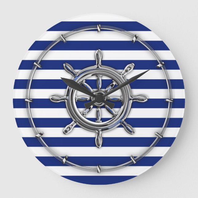 Silver Chrome Wheel on Nautical Stripes Large Clock (Front)