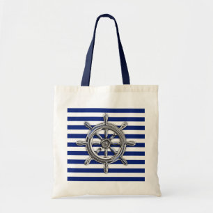 Silver Chrome Wheel on Nautical Stripes Tote Bag