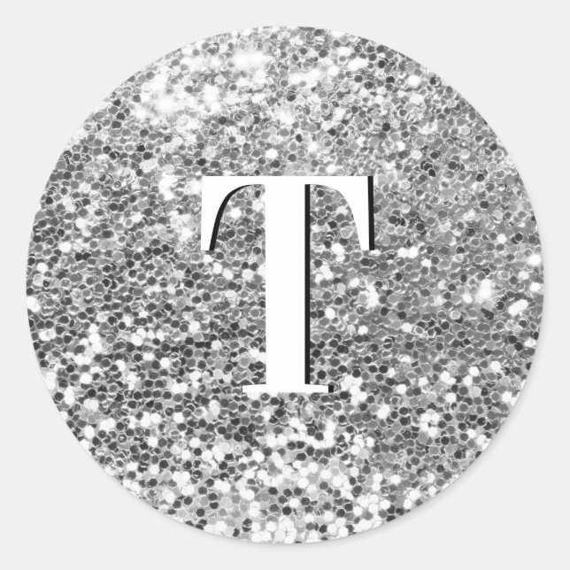 Silver Chunky Glitter Monogrammed Classic Round Sticker (Front)