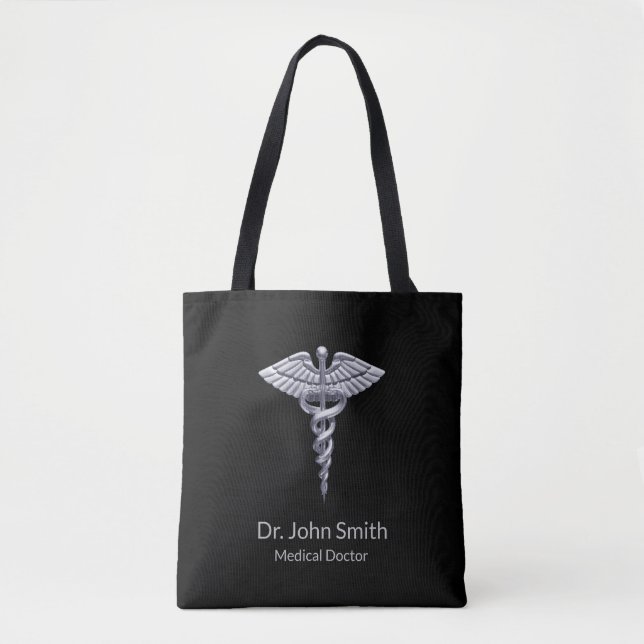 Silver Classy Medical Caduceus on Black Tote Bag (Front)