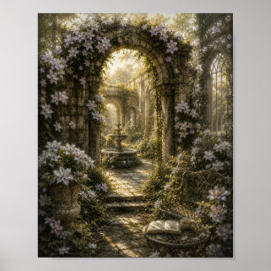 Silver Clematis Ruins Vintage Botanical Poster