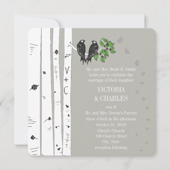 Silver Cloud Birch Vintage Birds Wedding Invite (Front)