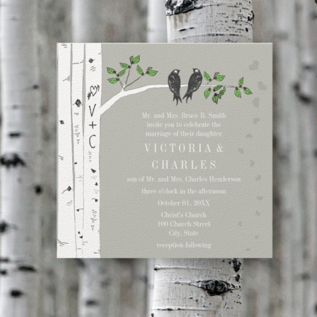 Silver Cloud Birch Vintage Birds Wedding Invite (Creator Uploaded)