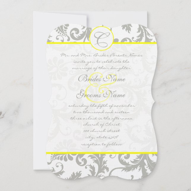 Silver Cloud Gray Damask Yellow Wedding Invitation (Front)