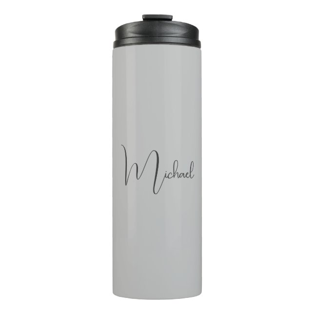 Silver Colour Elegant Grey Calligraphy Script Name Thermal Tumbler (Front)