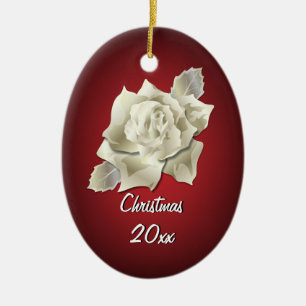 Silver Colour Rose on Dark Red Personalised Holida Ceramic Tree Decoration