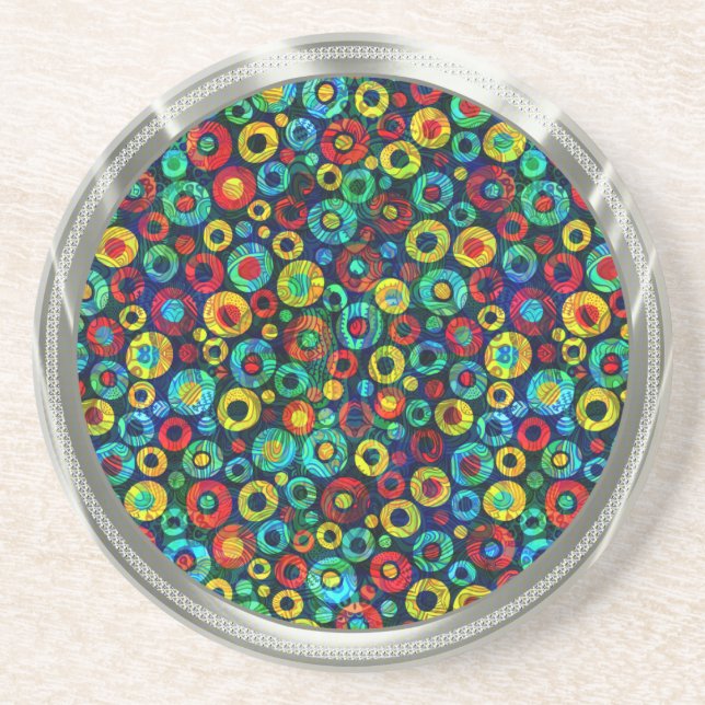 Silver & Colourful Retro Geometri Circles Pattern Coaster (Front)