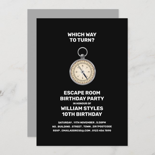 Silver Compass, Escape Room, Birthday Party Invitation (Front/Back)