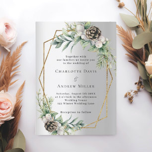 Silver cone pine greenery gold geometric wedding invitation
