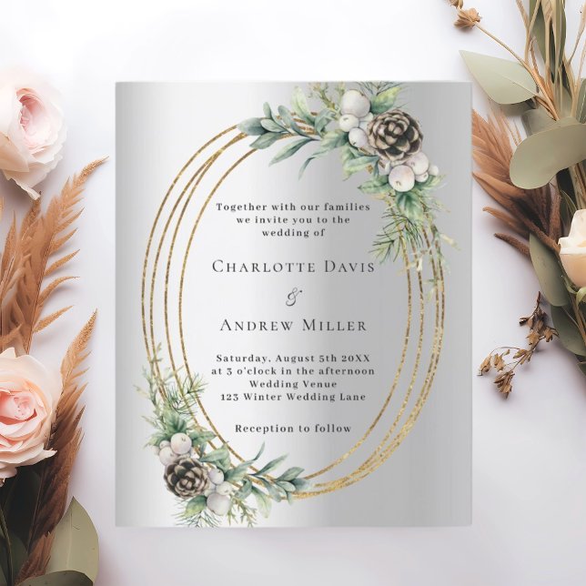 Silver cone pine greenery wedding invitation (Creator Uploaded)