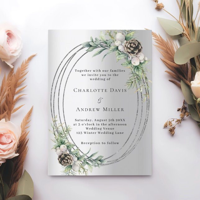 Silver cone pine greenery winter wedding invitation (Creator Uploaded)